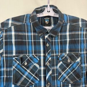 KUHL Mens Plaid Short Sleeve Button Up Shirt Size M Cotton Tencel Blue Gray